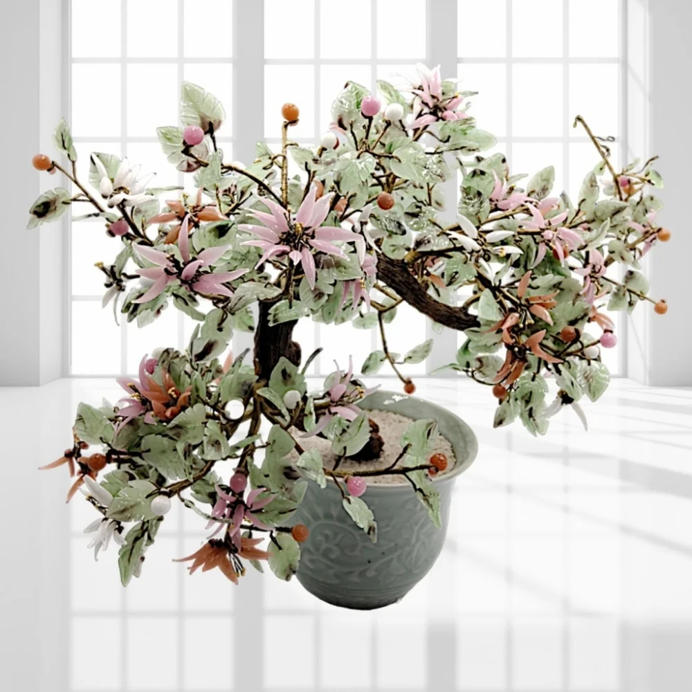 Bonsai Jade Tree Semi-Cascade Style with Pink, White, Salmon Glass